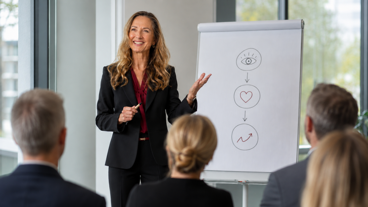 Bettina Schwenk erklärt in einem Seminarraum am Flipchart frühe Warnsignale und verantwortliches Handeln.