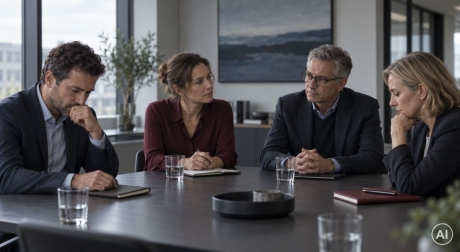 Vier Teammitglieder in einer stillen Besprechung –